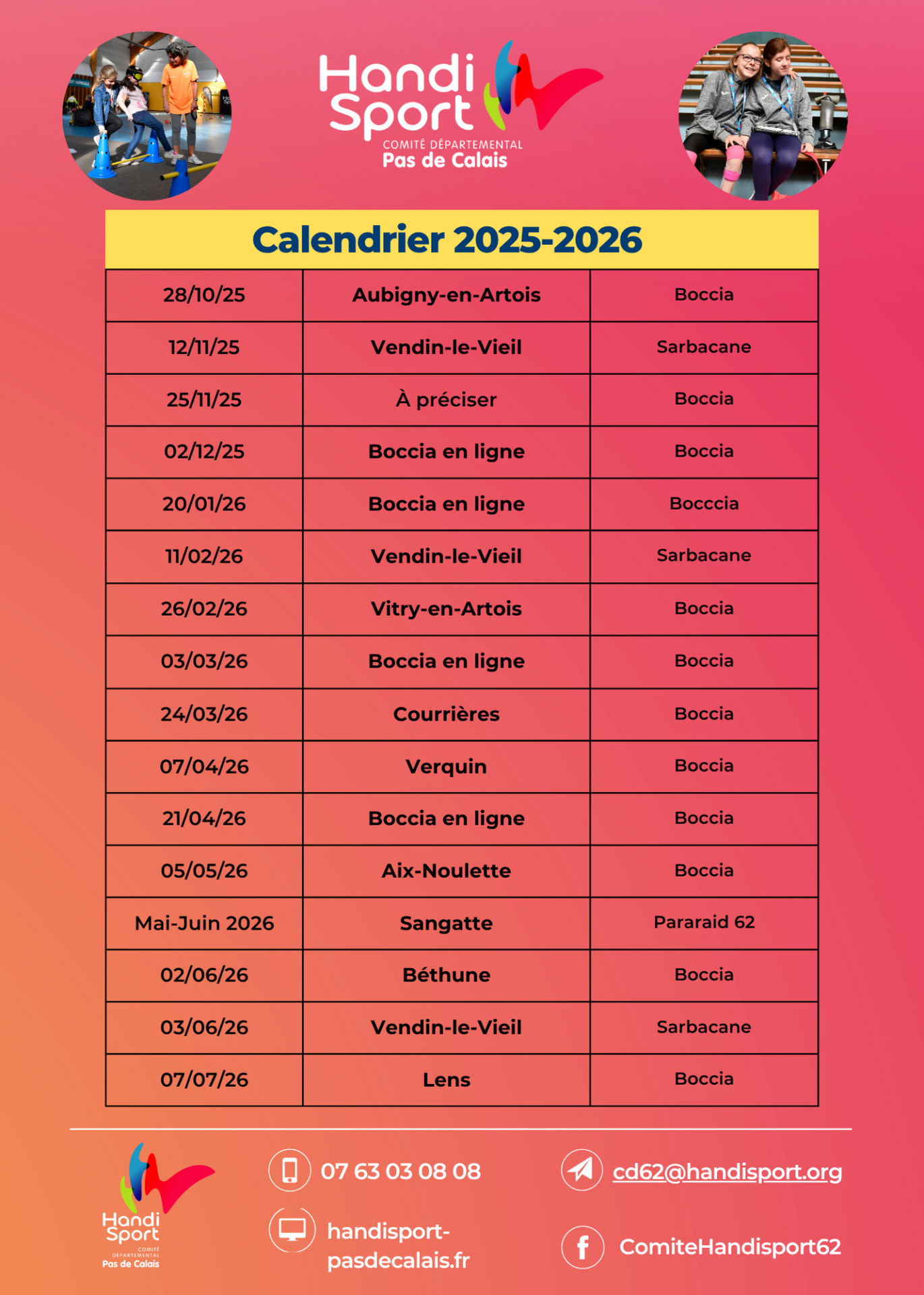 Calendrier cdh62 2025 2026